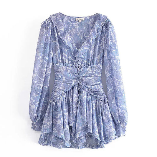 Floral Ruffle Mini Dress | V-Neck Long Sleeve Ruched Design