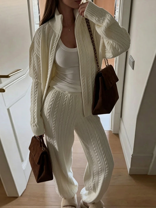 Noelle Two-Piece Set: Cable-Knit Zip Sweater + Knit Pants