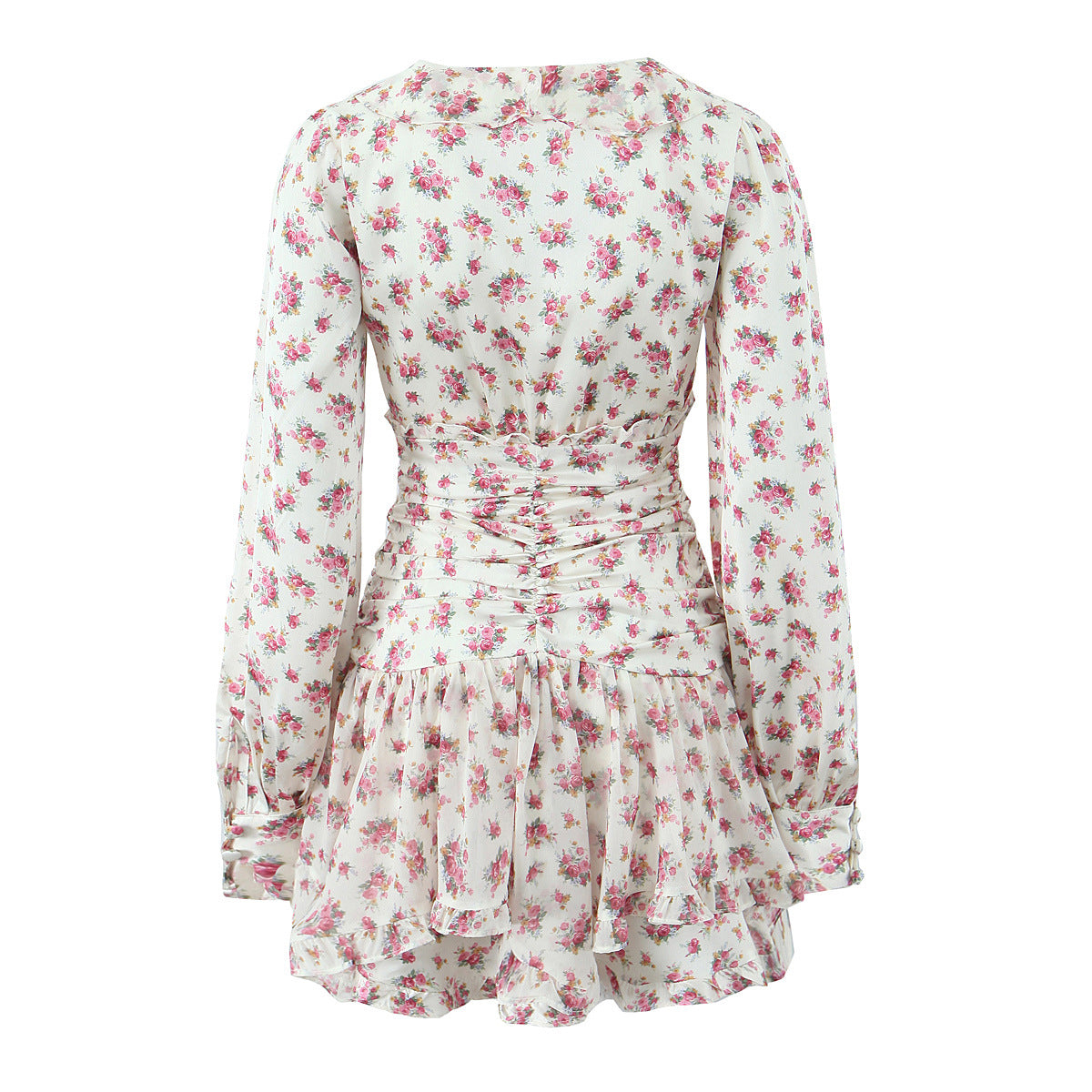 Floral Ruffle Mini Dress | V-Neck Long Sleeve Ruched Design