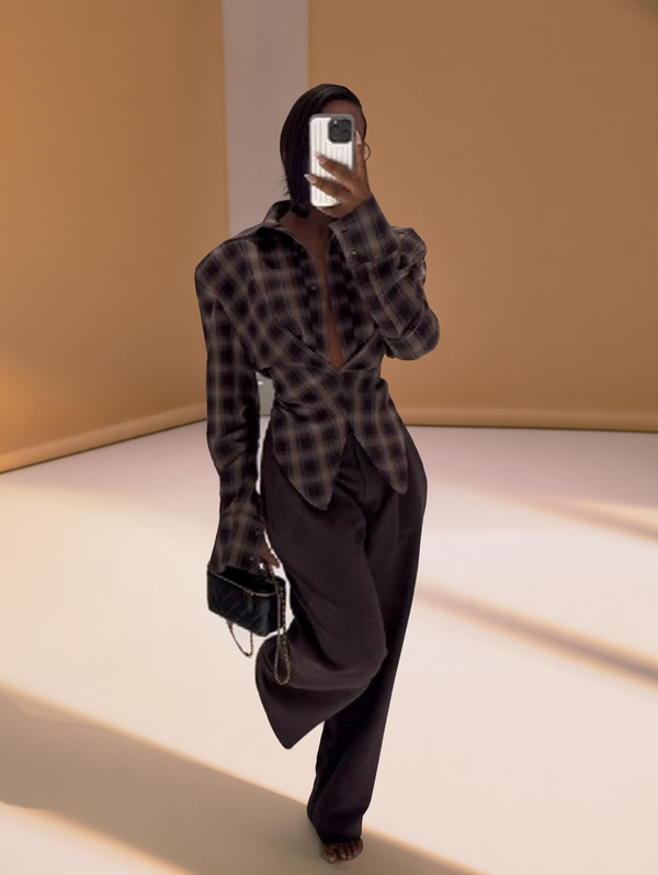 Poppy Waist-Cinch Plaid Button Shirt