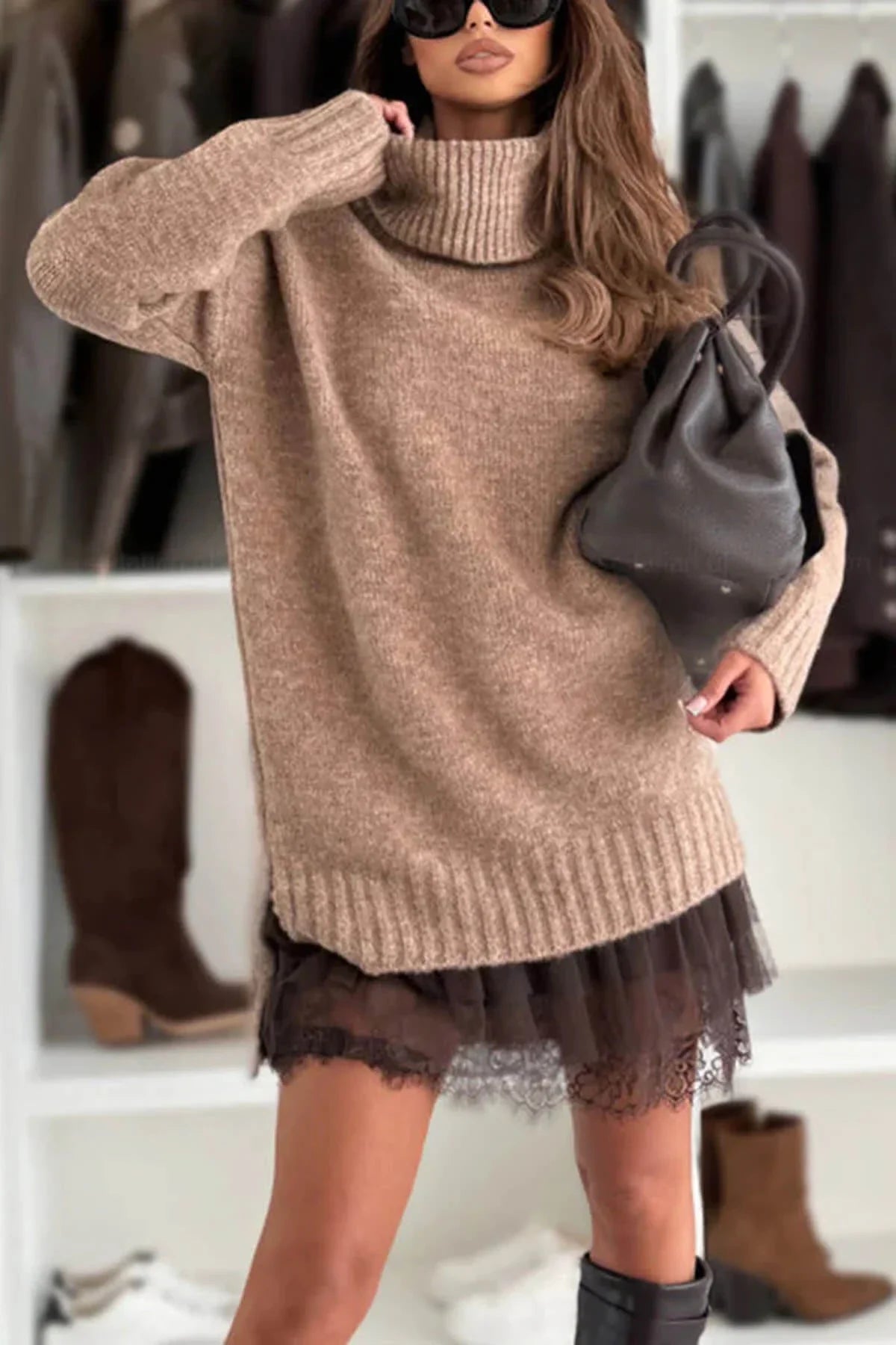 Velour Ease Oversized Turtleneck Sweater