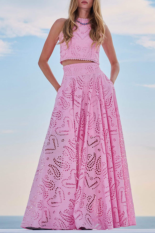 Valencia Broderie Halter Maxi Dress - Blue