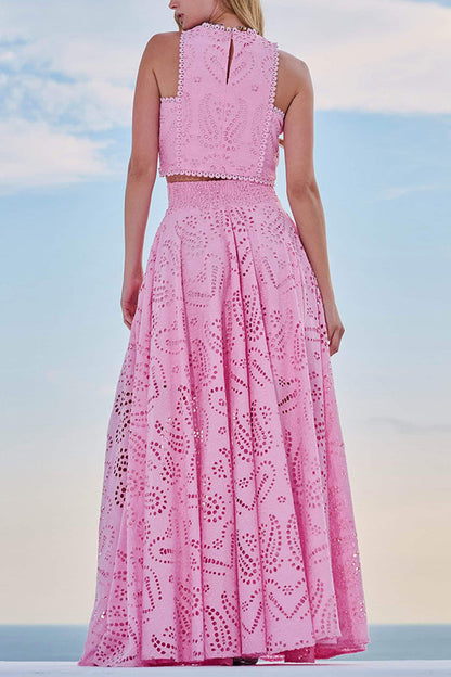 Valencia Broderie Halter Maxi Dress - Pink