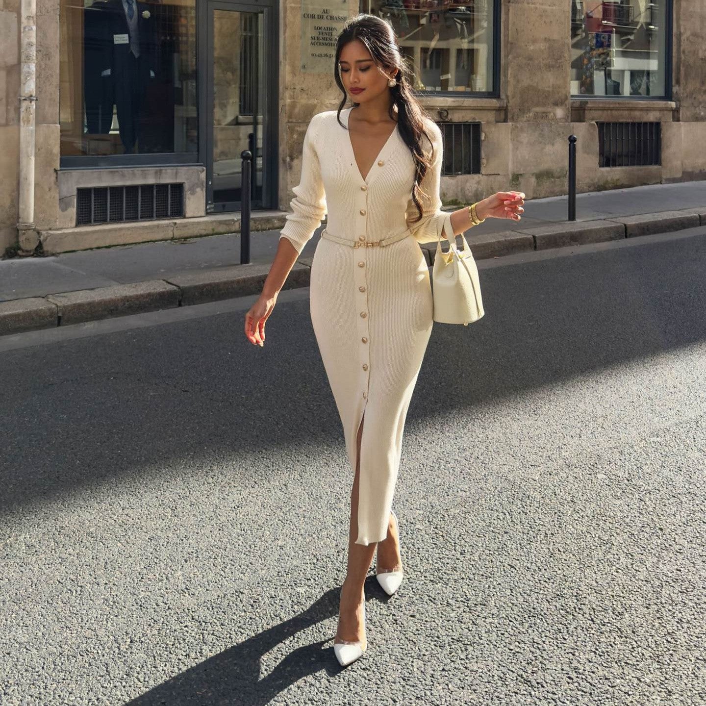 Elegant Button-Detail Long Knit Dress
