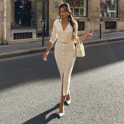 Elegant Button-Detail Long Knit Dress