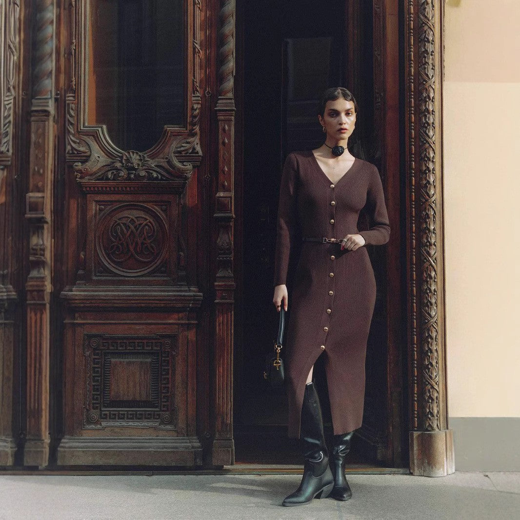 Elegant Button-Detail Long Knit Dress