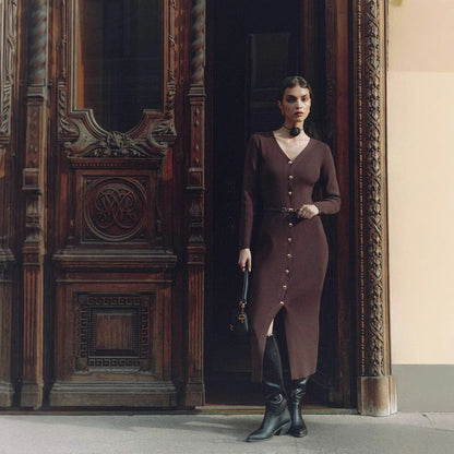 Elegant Button-Detail Long Knit Dress