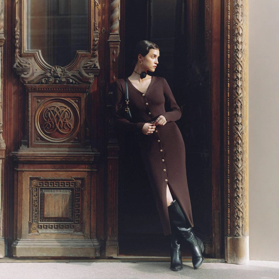 Elegant Button-Detail Long Knit Dress