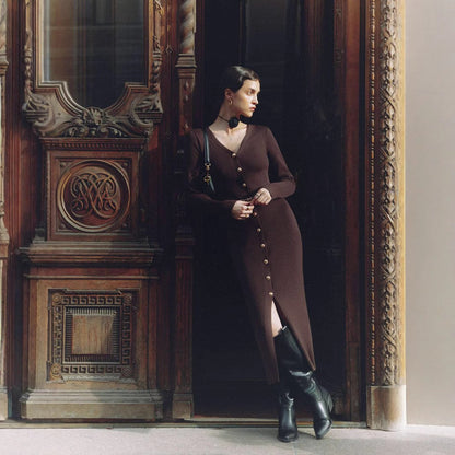 Elegant Button-Detail Long Knit Dress