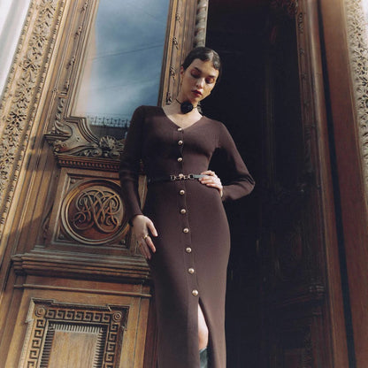 Elegant Button-Detail Long Knit Dress