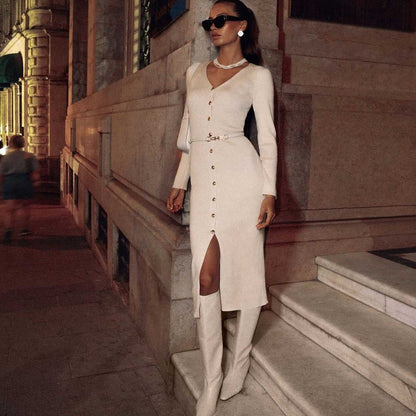 Elegant Button-Detail Long Knit Dress
