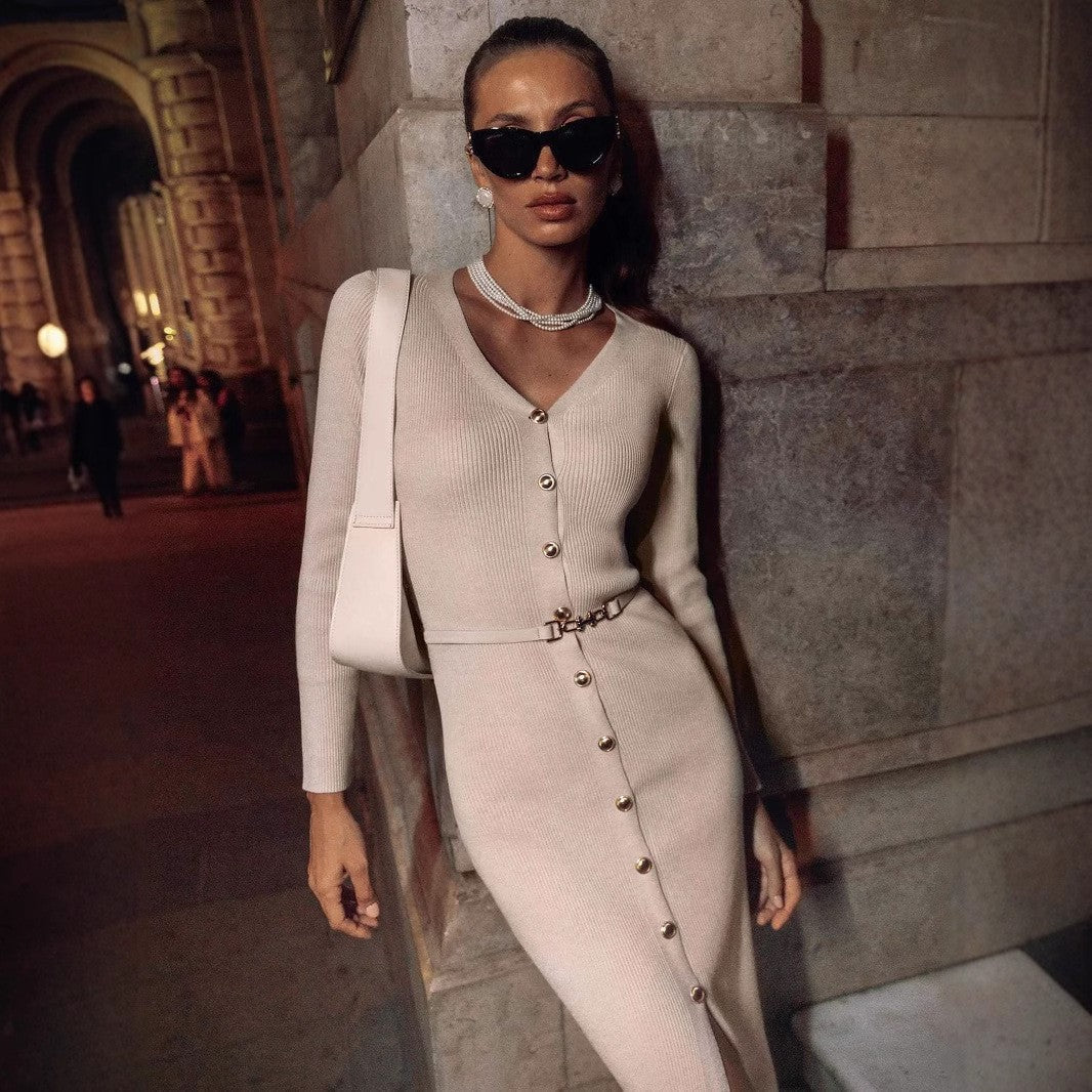 Elegant Button-Detail Long Knit Dress