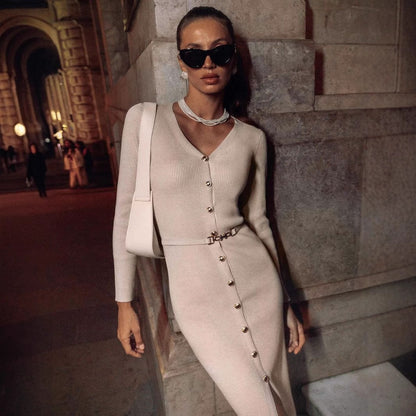 Elegant Button-Detail Long Knit Dress