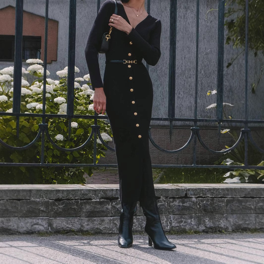 Elegant Button-Detail Long Knit Dress