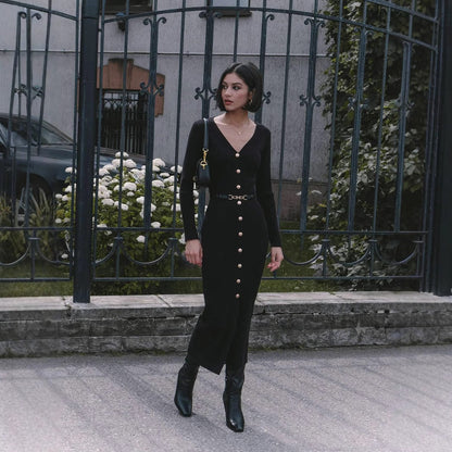 Elegant Button-Detail Long Knit Dress
