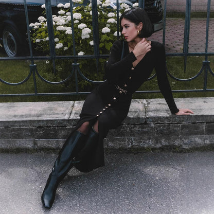 Elegant Button-Detail Long Knit Dress