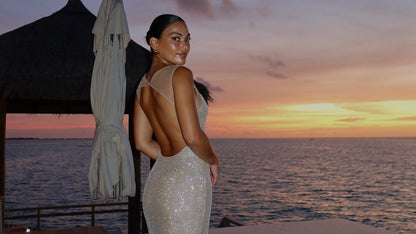 Crystal-Embellished Long Evening Gown