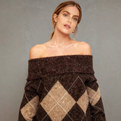 Off-the-Shoulder Diamond Knit Sweater