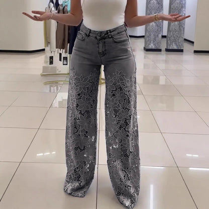 Sveltique Édition — Floral Lace High-Waist Straight Wide-Leg Pants