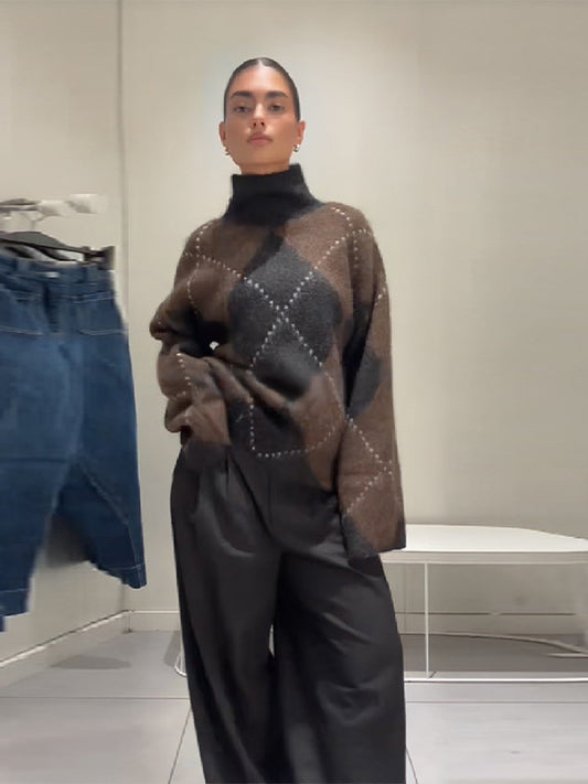 Oversized Argyle Knit Sweater Set