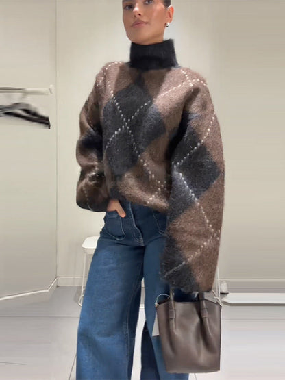 Oversized Argyle Knit Sweater Set