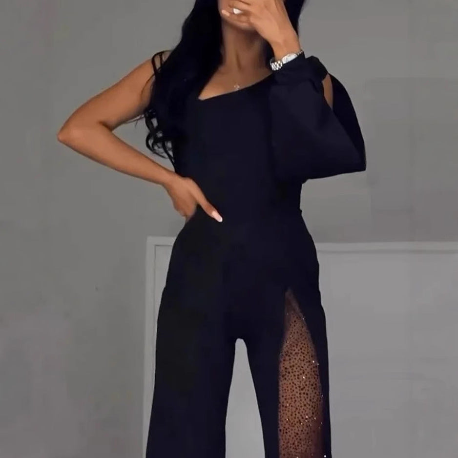 Black Jumpsuit with Crystal Mesh Detail