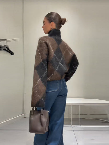 Oversized Argyle Knit Sweater Set