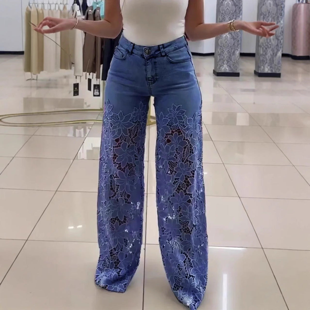 Sveltique Édition — Floral Lace High-Waist Straight Wide-Leg Pants