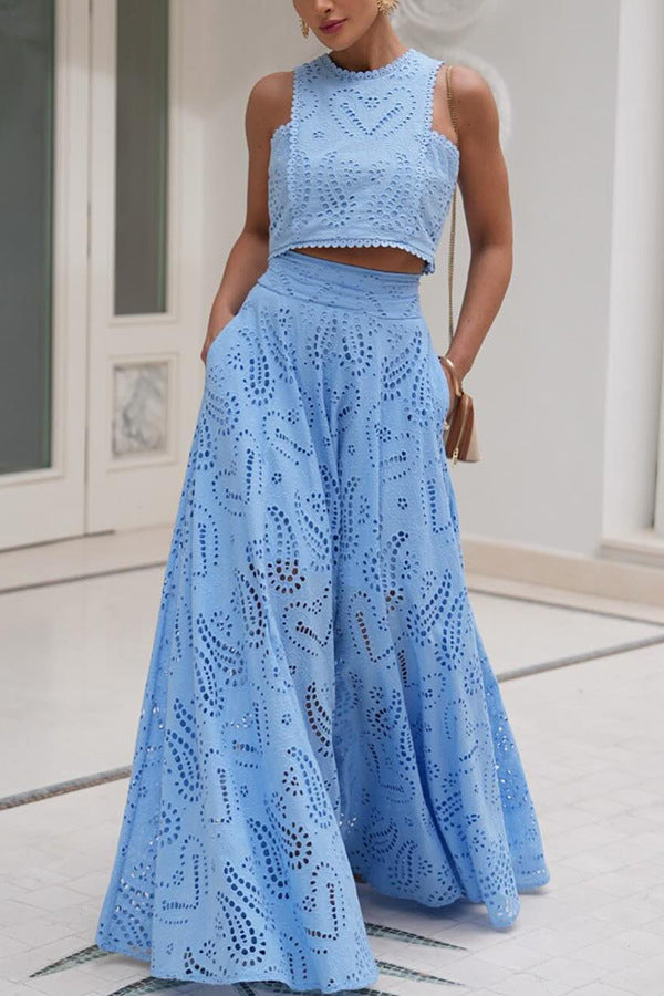 Valencia Broderie Halter Maxi Dress - Blue