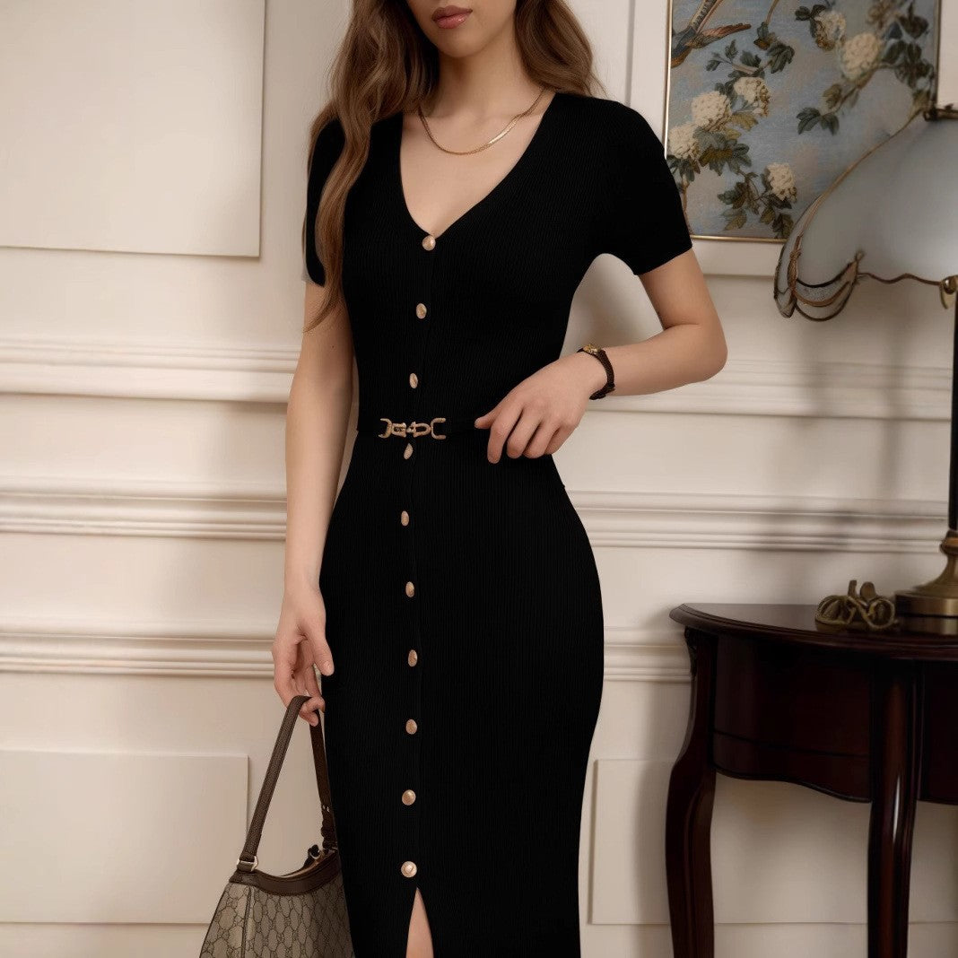 Elegant Button-Detail Long Knit Dress