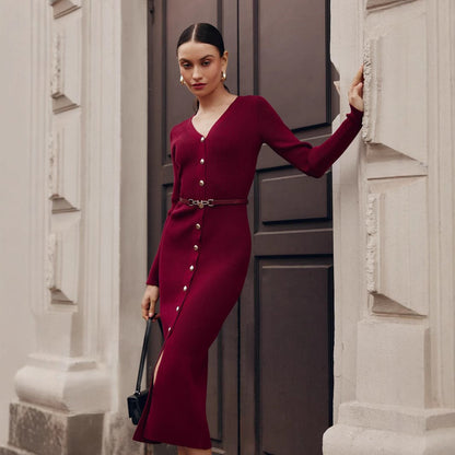 Elegant Button-Detail Long Knit Dress