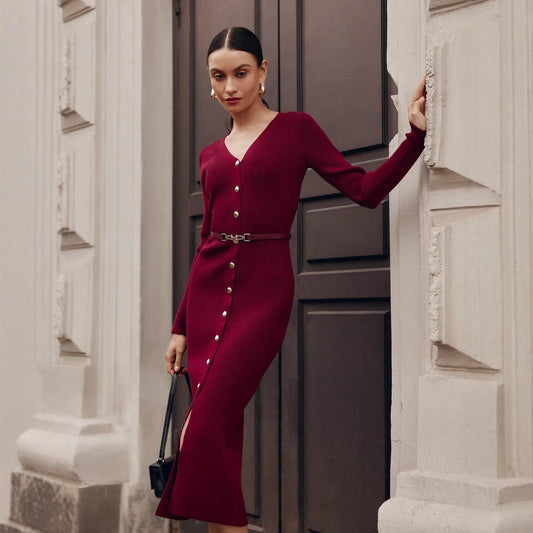 Elegant Button-Detail Long Knit Dress