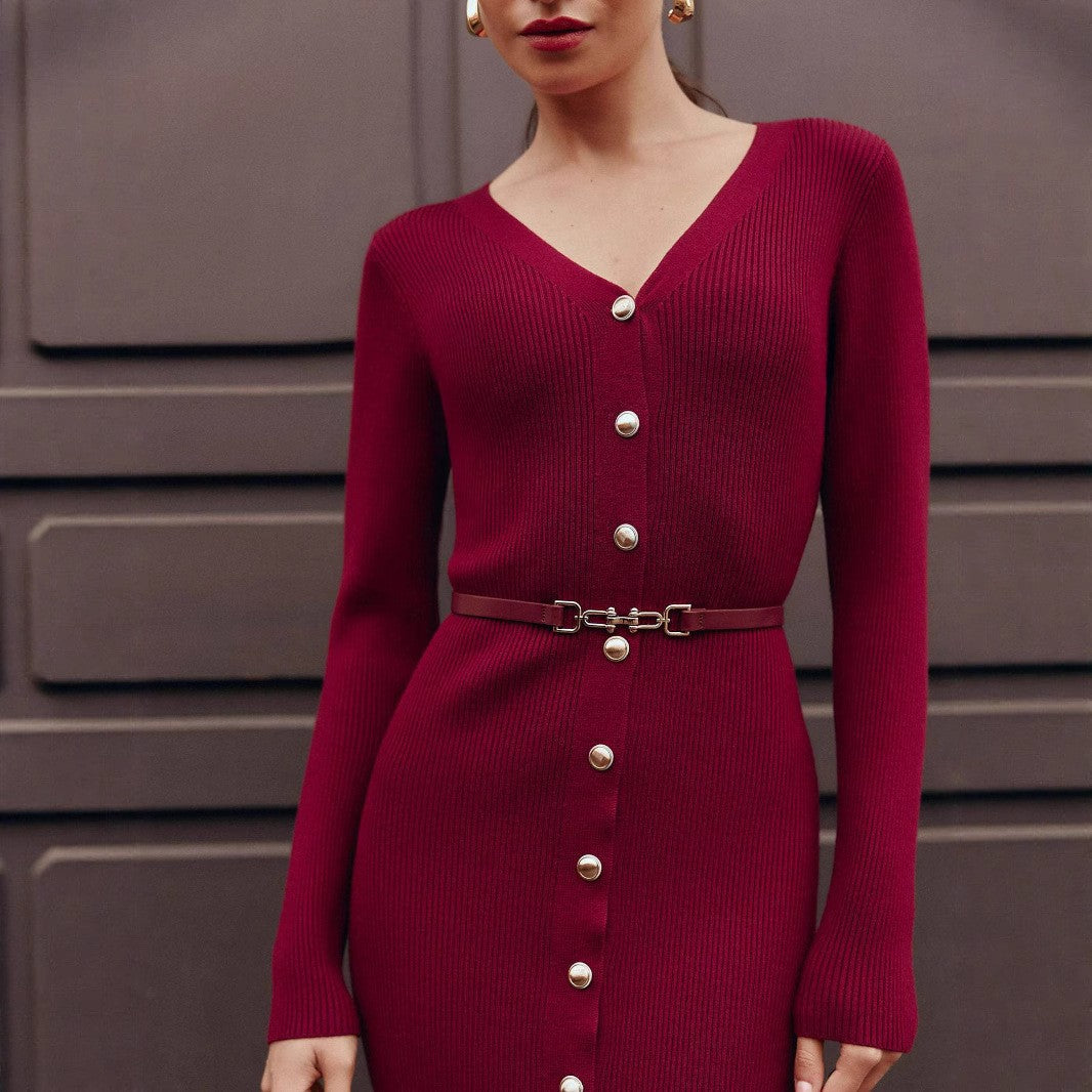 Elegant Button-Detail Long Knit Dress
