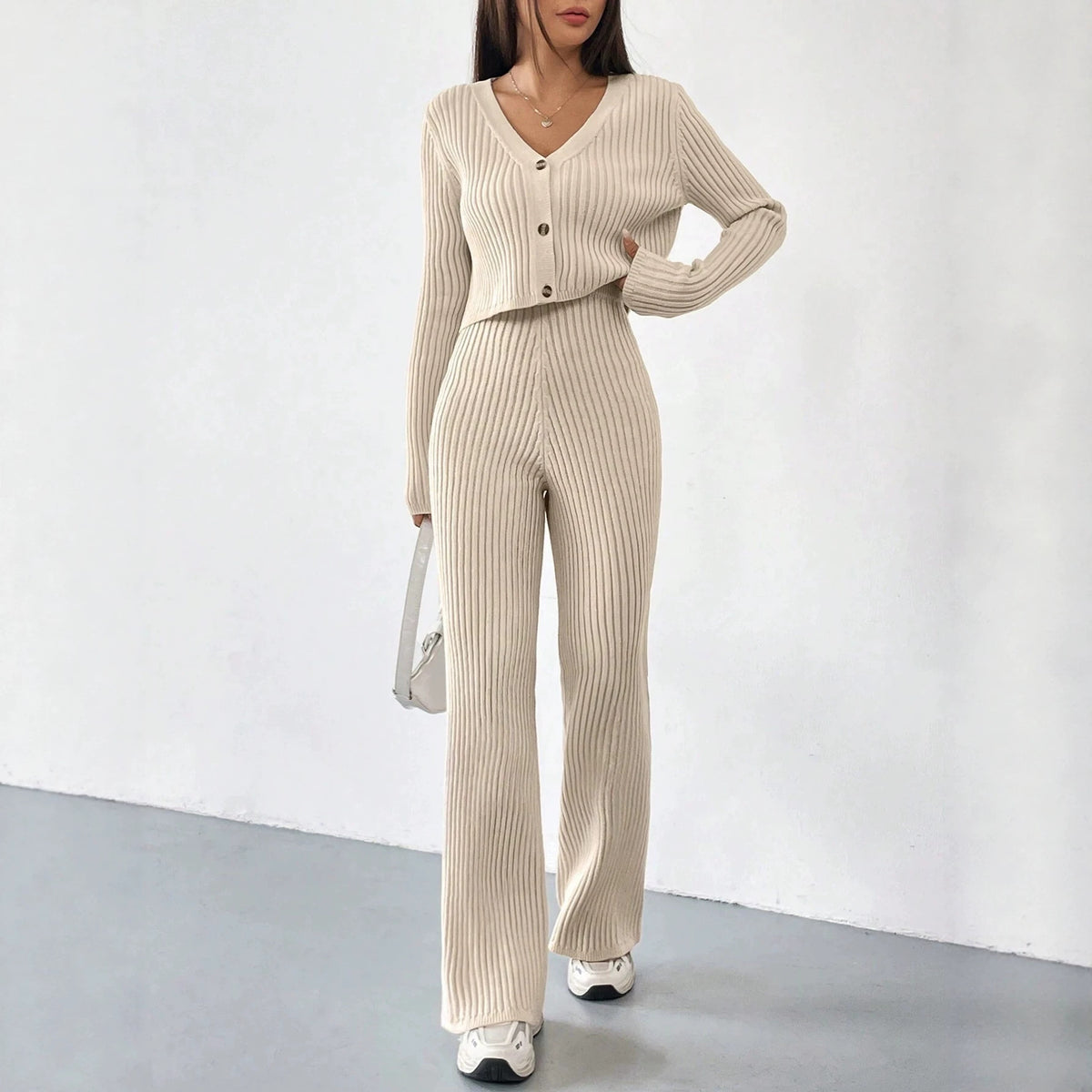 Sienna Two-Piece Set: V-Neck Knit Cardigan + Wide-Leg Pants