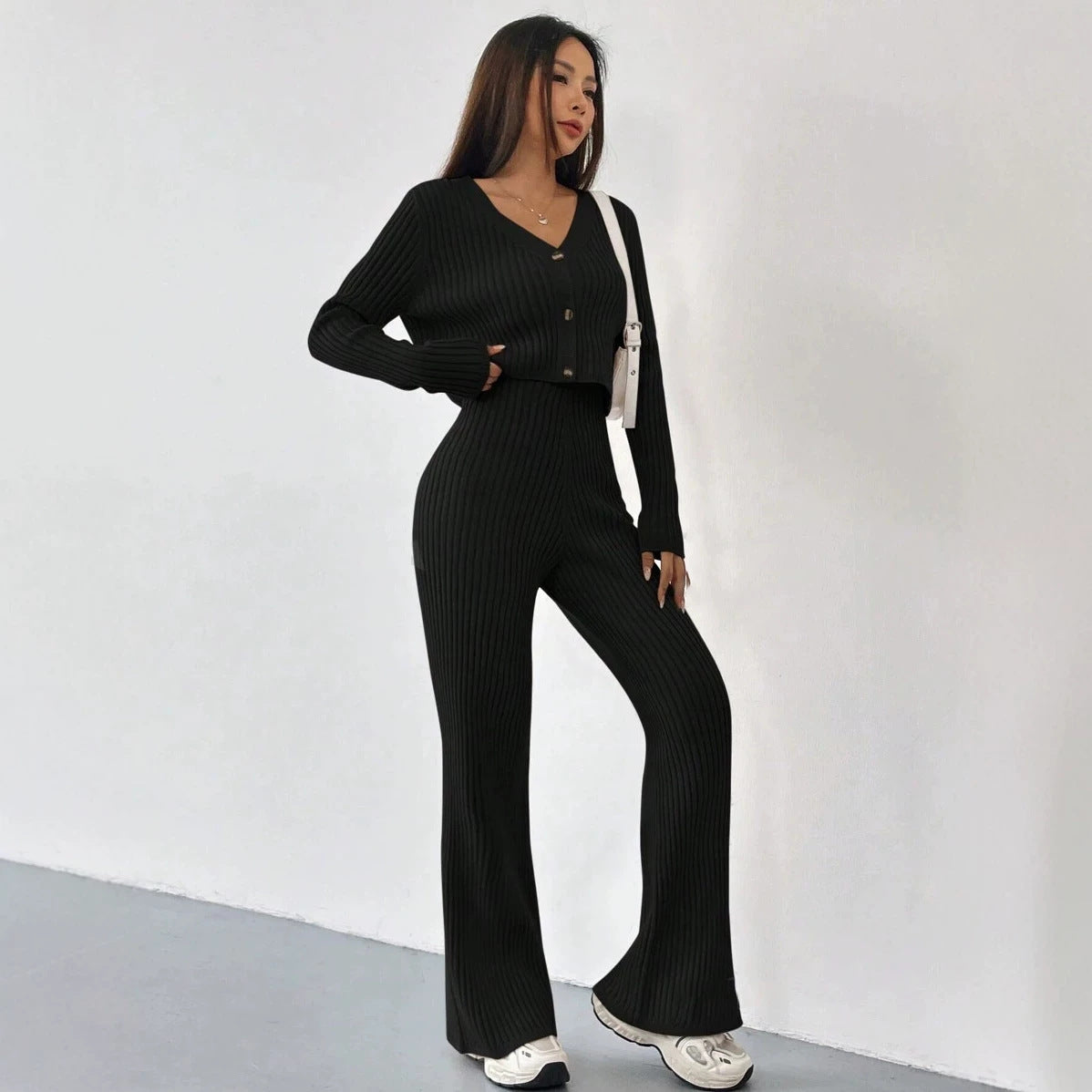 Sienna Two-Piece Set: V-Neck Knit Cardigan + Wide-Leg Pants