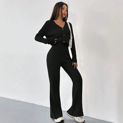 Sienna Two-Piece Set: V-Neck Knit Cardigan + Wide-Leg Pants