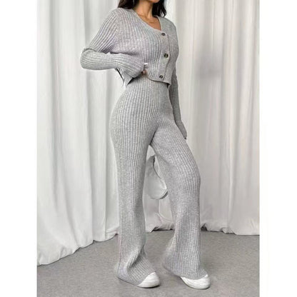 Sienna Two-Piece Set: V-Neck Knit Cardigan + Wide-Leg Pants