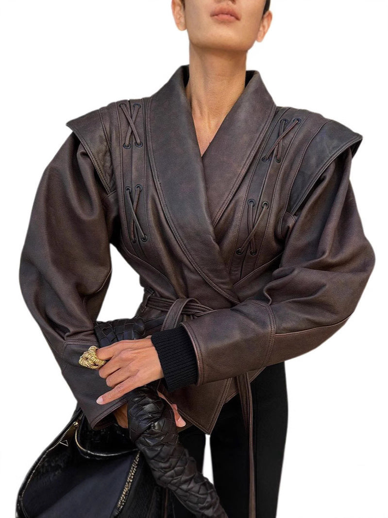 Lace-up cropped leather jacket - styled look
