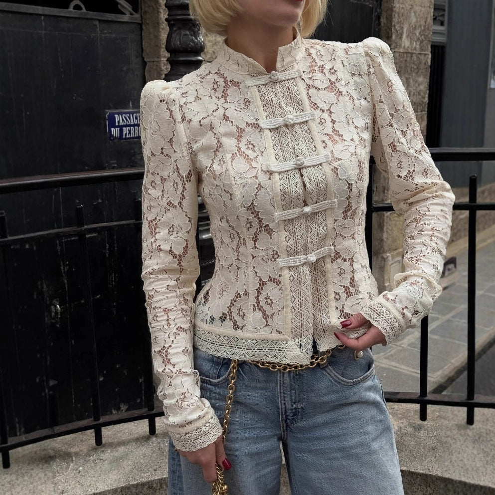 Elodie Lace Crochet Stand-Collar Blouse