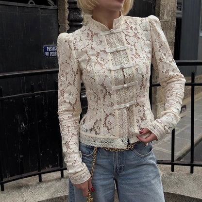 Elodie Lace Crochet Stand-Collar Blouse