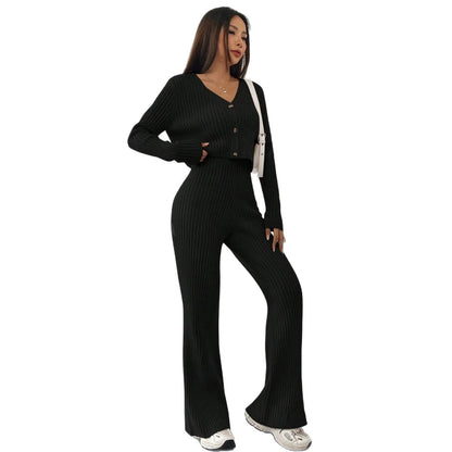 Sienna Two-Piece Set: V-Neck Knit Cardigan + Wide-Leg Pants