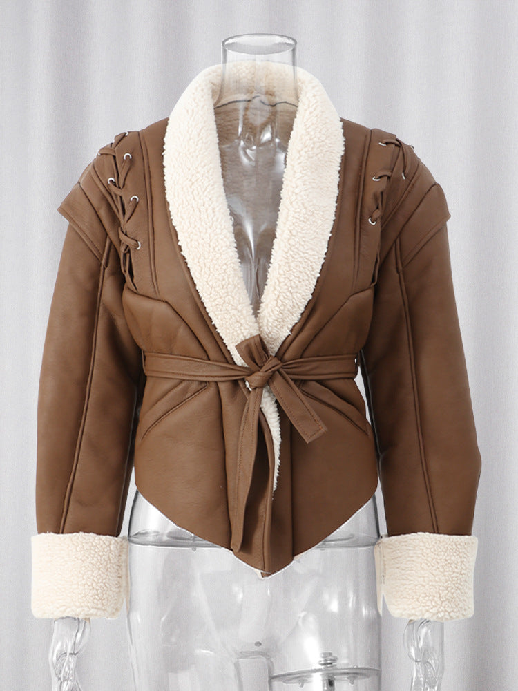 Lace-up cropped leather jacket - additional view