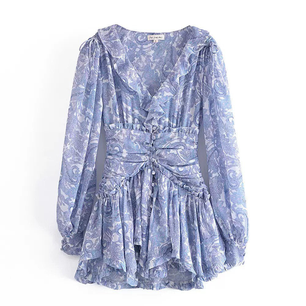 Floral Ruffle Mini Dress | V-Neck Long Sleeve Ruched Design