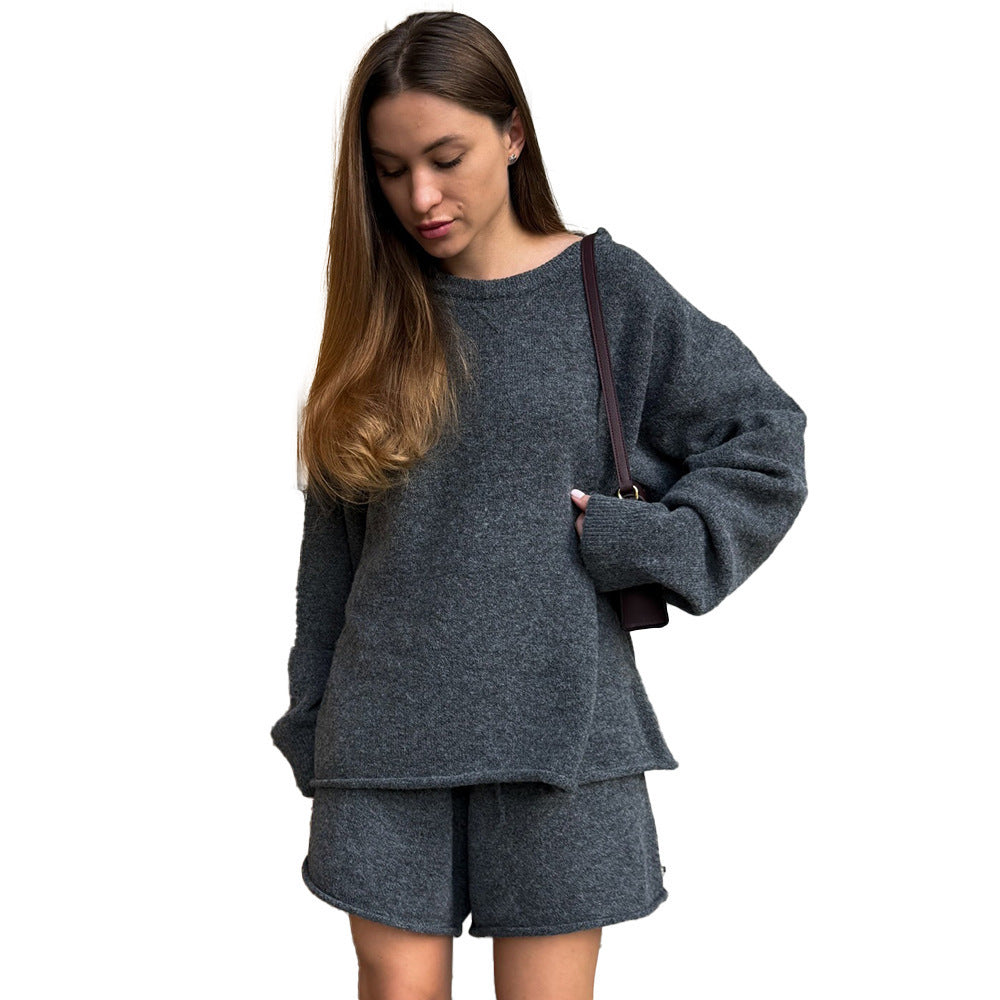 Elise Two-Piece Set: Relaxed Knit Sweater + High-Waist Shorts