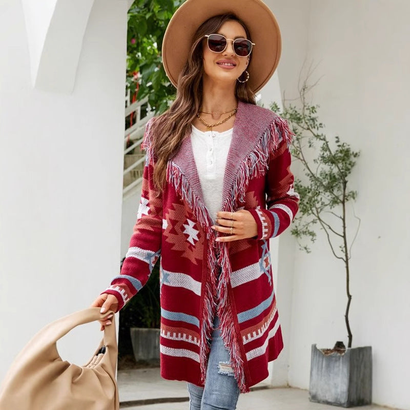Scarlet Tribal Tassel Cardigan