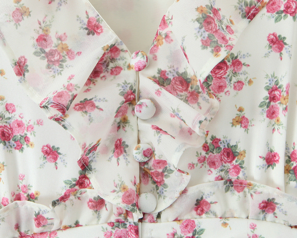 Floral Ruffle Mini Dress | V-Neck Long Sleeve Ruched Design