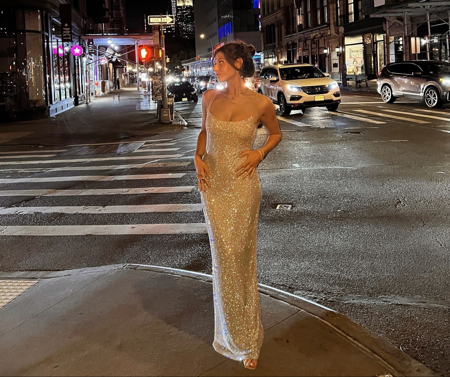 Crystal-Embellished Long Evening Gown