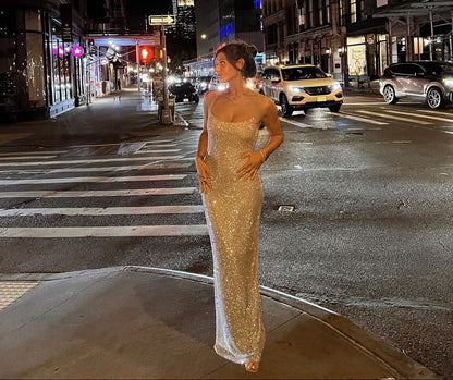 Crystal-Embellished Long Evening Gown