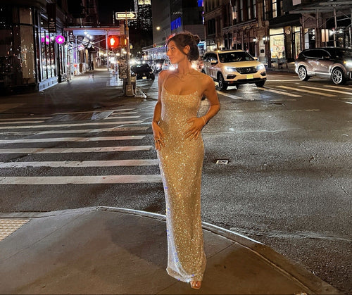 Crystal-Embellished Long Evening Gown