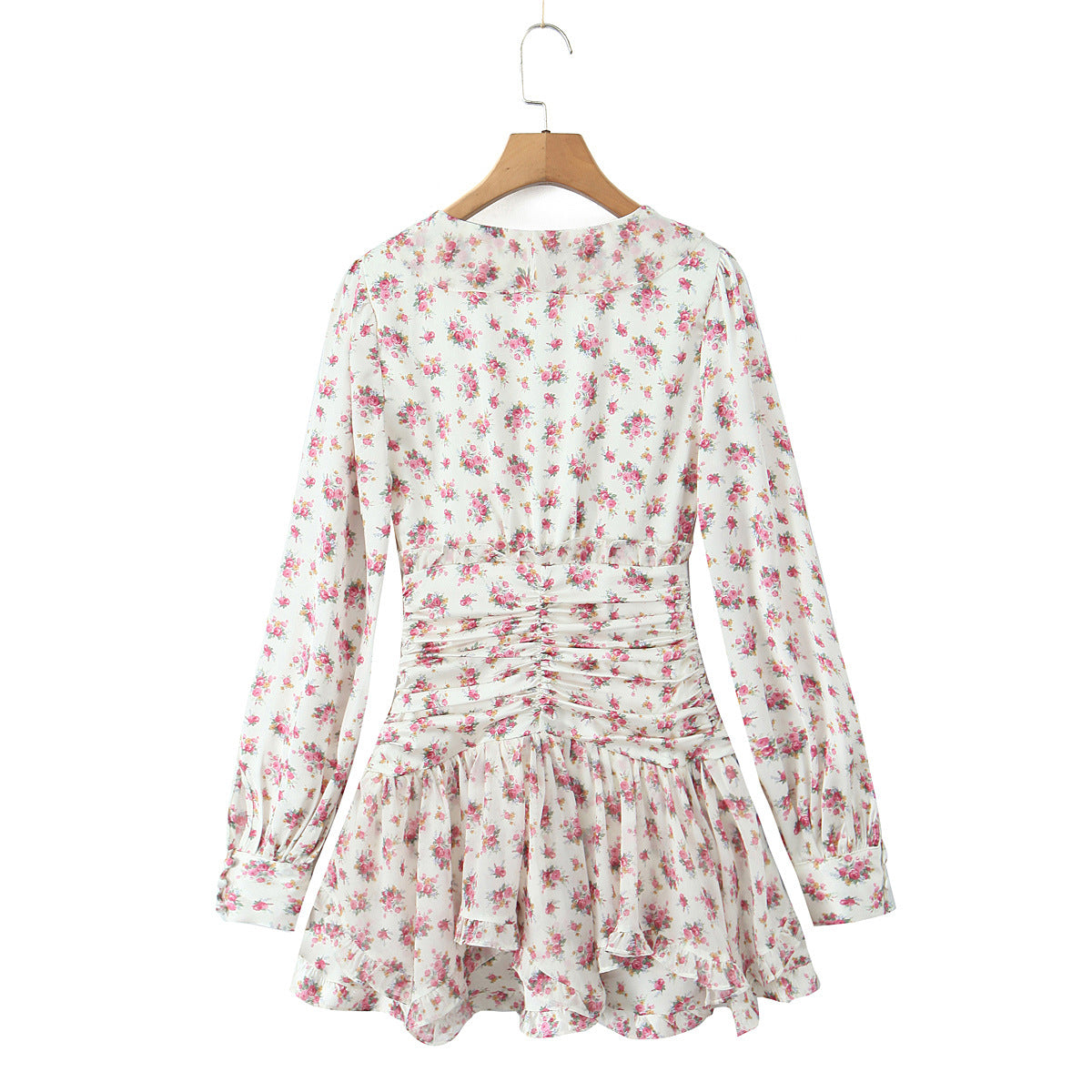 Floral Ruffle Mini Dress | V-Neck Long Sleeve Ruched Design